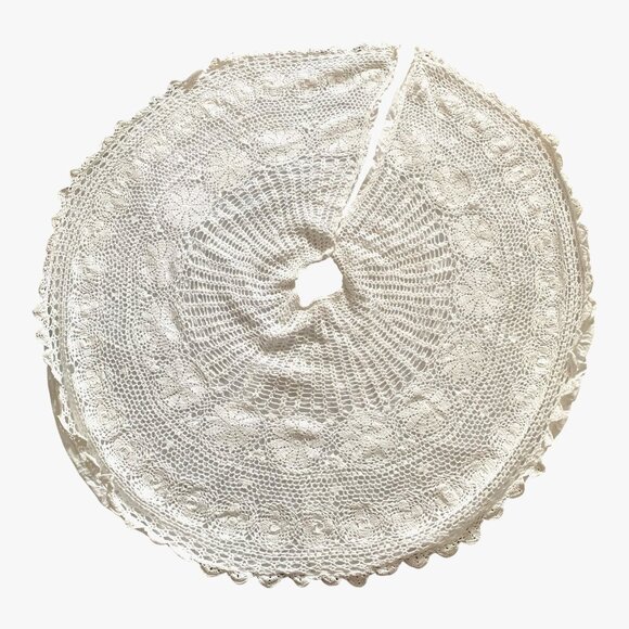 Vtg Christmas Tree Skirt Crochet Floral White Lined 45" Round Holiday Tree Decor - Picture 1 of 9